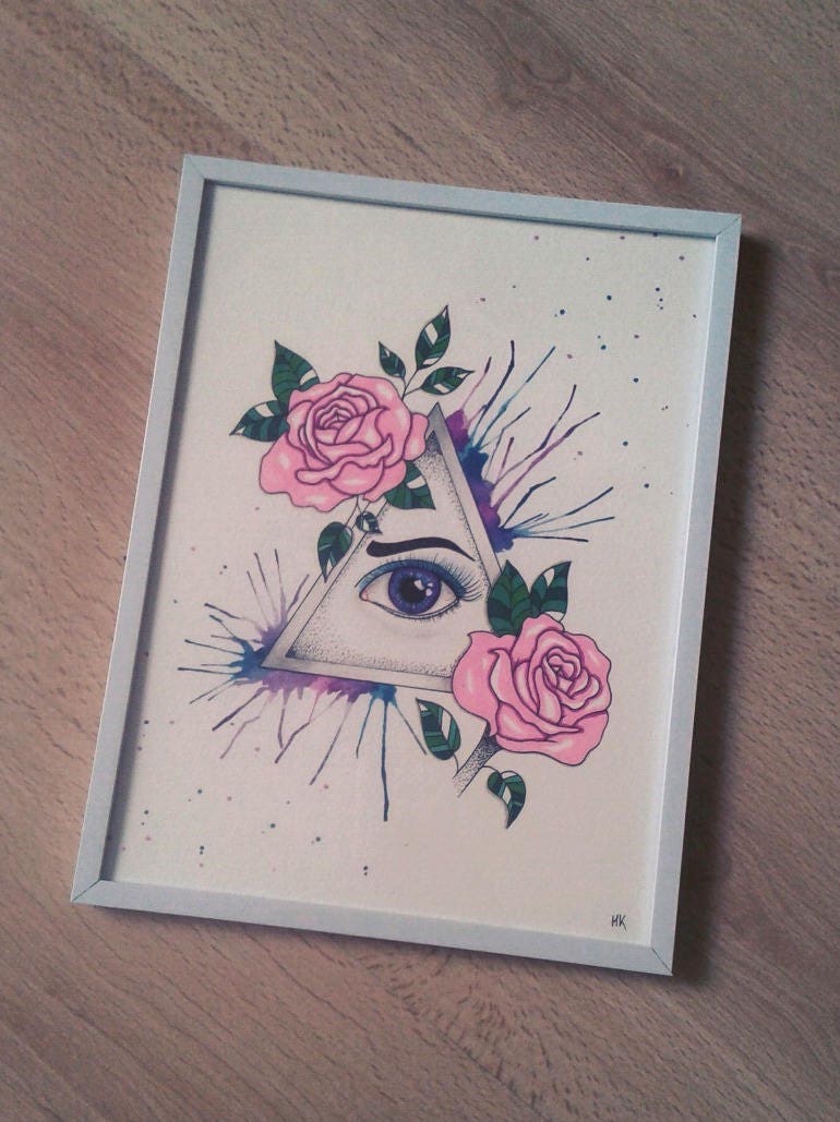 Dessin original aquarelle format 18X24 cm oeil triangle et Dessin original aquarelle format 18X24 cm oeil triangle et