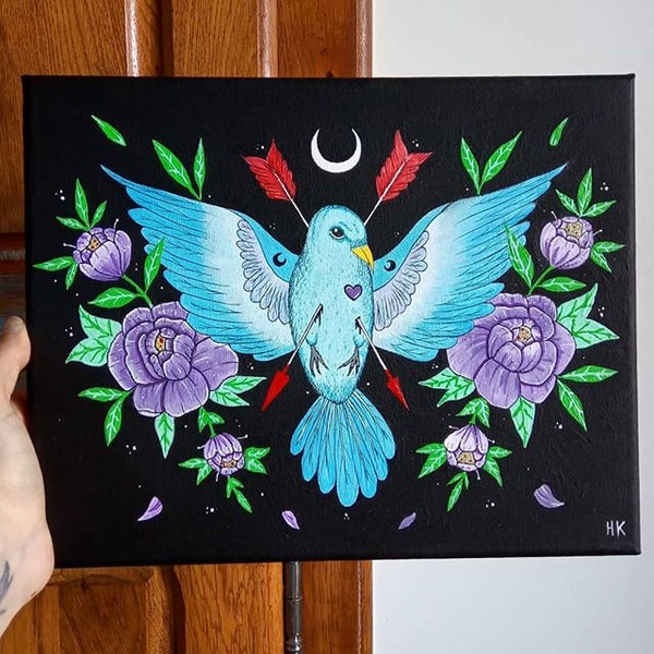 Peinture acrylique sur toile, oiseau et fleurs, format 24 X 30 cm." L'oiseau bleu."