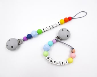 Matching Pram Charm And Silicone Dummy Clip Set Boy Blue White Grey Rainbow Baby Babies Pacifier