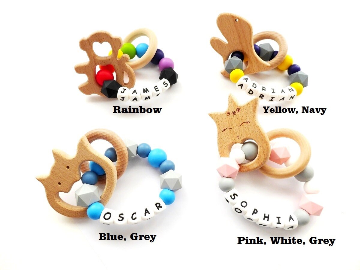 New Baby Gift Rattle With Baby Name Silicone Wood Baby Etsy Sweden
