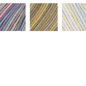 May include: A collection of colorful yarn skeins, each displaying a diagonal striped pattern. The color palettes include pink, yellow, gray, blue, and brown, offering a variety of options for crafting projects. The yarn appears soft and textured.