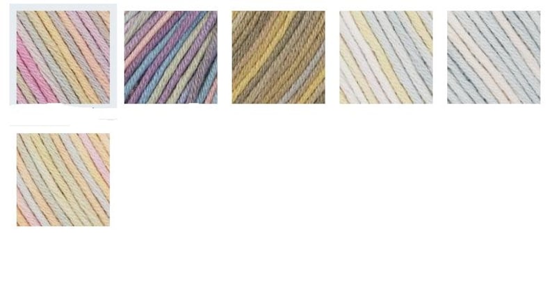 May include: A collection of colorful yarn skeins, each displaying a diagonal striped pattern. The color palettes include pink, yellow, gray, blue, and brown, offering a variety of options for crafting projects. The yarn appears soft and textured.