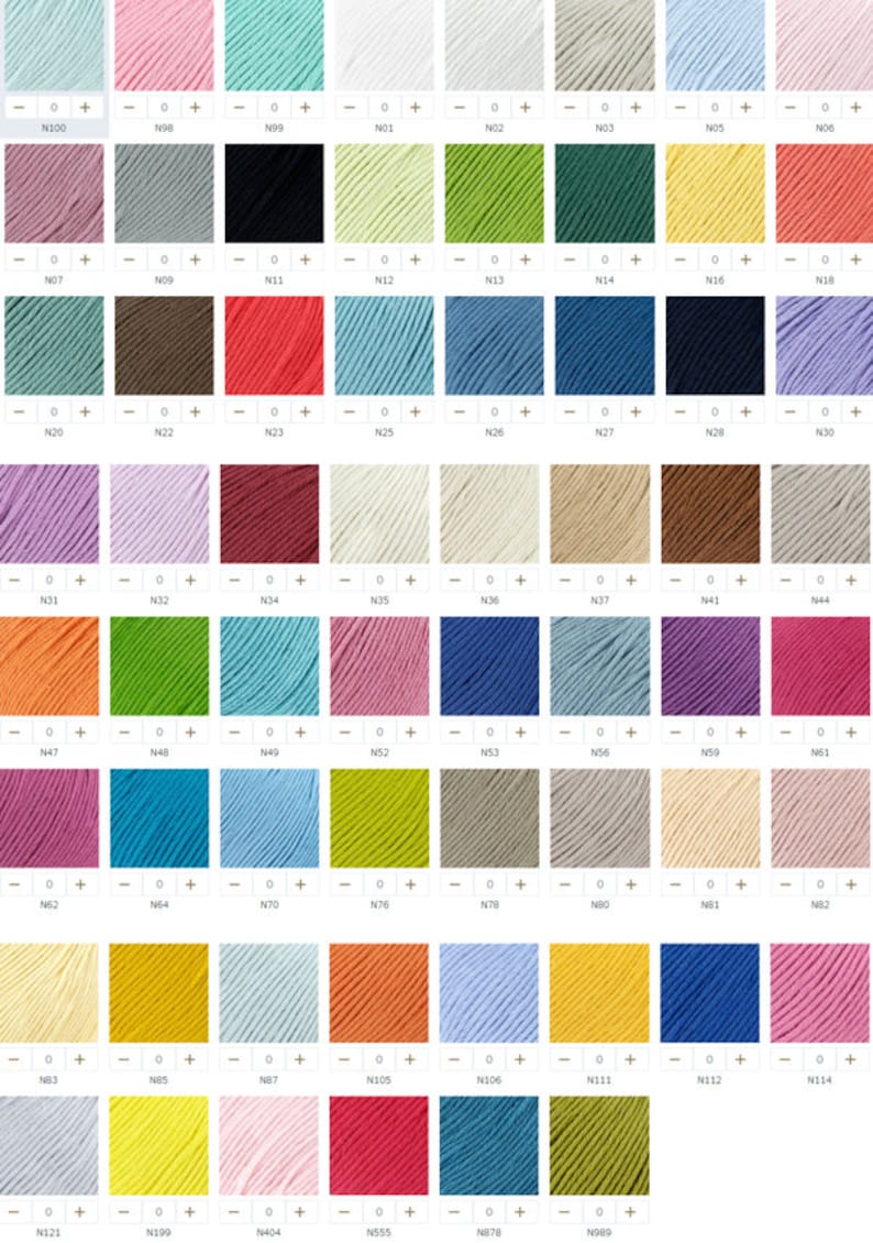 May include: A color chart featuring a variety of yarn colors. The chart displays numerous shades, including pinks, blues, greens, yellows, and neutrals, each labeled with a number. Ideal for craft projects.