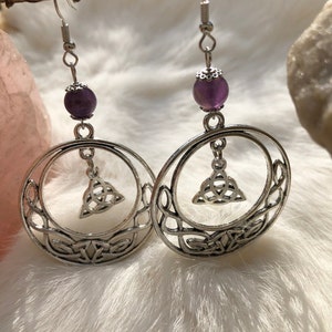 Triquetra, Celtic knotwork and amethyst pearl earrings