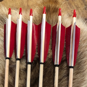 Op de afbeelding: Zes rode en witte gevederde pijlen met houten schachten.