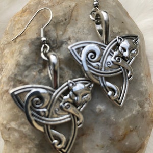 Viking earrings: Freya's cat, stainless steel triquetra