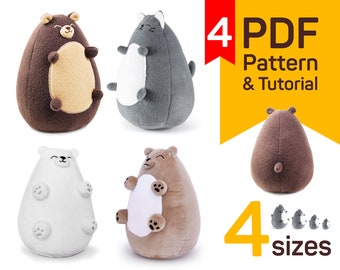 Stuffed animal plush sewing patterns: 4 PDF plush toy pattern — Cat sewing pattern, 3 Bear plush toy to sew