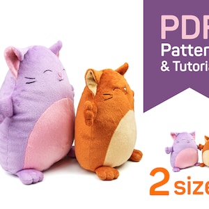 Plushie Cat Squishy sewing pattern PDF for stuffed animal cat in 2 sizes and soft plush toy digital tutorial