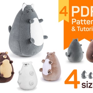 4 plush stuffed animal sewing patterns: cute plushies teddy bear patterns, cat sewing pattern