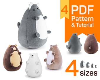 4 plush stuffed animal sewing patterns: cute plushies teddy bear patterns, cat sewing pattern