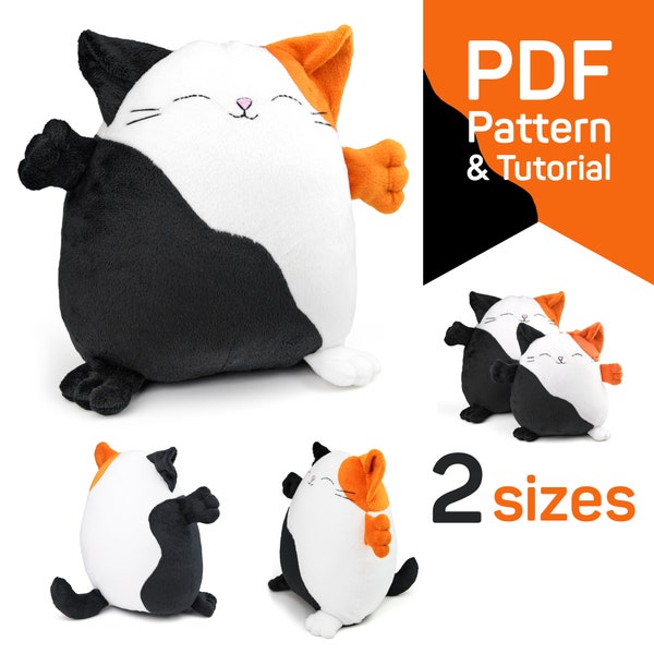 Calico Cat sewing pattern PDF for stuffed animal kawaii Squishy Kitten in 2 sizes and soft plush toy digital tutorial