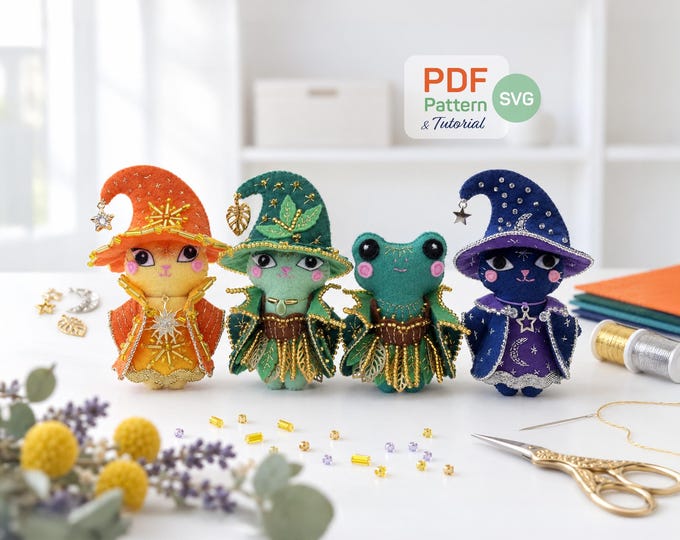 Featured listing image: Fairy Cat and Frog Felt Sewing Pattern Bundle PDF SVG  with Dress Coat & Hat