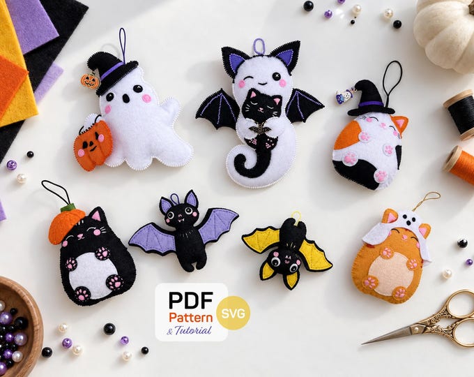 Featured listing image: Halloween Felt Ornament Sewing Pattern Bundle, 7 Kawaii Ghost Bat Cat Designs, PDF SVG