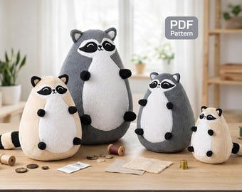 Raccoon Sewing Pattern PDF: Plush Animal Toy Tutorial in 4 Sizes