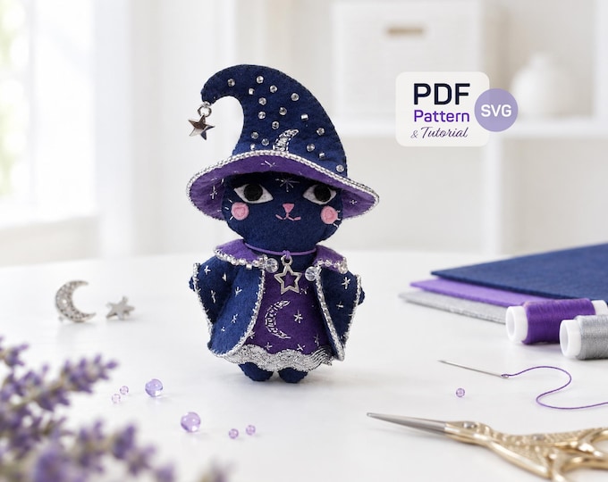 Featured listing image: Cat Felt Sewing Pattern PDF SVG — Plushie Doll with Dress Coat & Hat