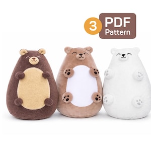 May include: Three plush bear-shaped toys in brown, tan, and white. Each bear has a smiling face and small paws. The brown bear has a tan belly, the tan bear has a white belly, and the white bear has no belly color. The image includes a "3 PDF Pattern" graphic.