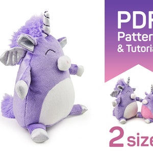 Unicorn sewing pattern PDF for stuffed animal Unicorn in 2 sizes and soft plush toy digital tutorial