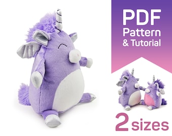 Unicorn sewing pattern PDF for stuffed animal Unicorn in 2 sizes and soft plush toy digital tutorial