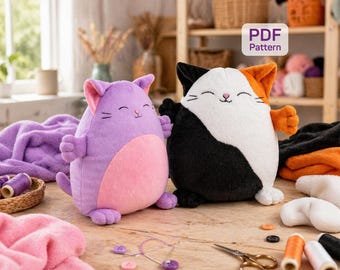 2 Cat Sewing Patterns PDF: Squishy Kitten & Calico Plush - DIY Kawaii Stuffed Animal
