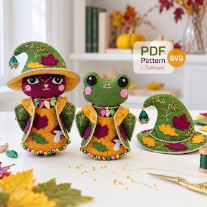 Frog Cat Felt Doll Sewing Pattern, Autumn Fairy Witch Outfit, PDF SVG