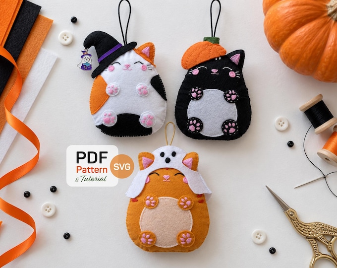 Featured listing image: Cat Felt Ornament Pattern, Halloween Toy & Fall Decor, Witch Ghost Pumpkin Hats, PDF SVG