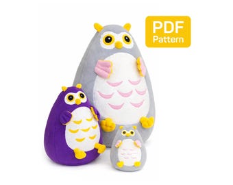 Padrão de costura de coruja gorda em PDF: almofada de pelúcia e bicho de pelúcia faça você mesmo