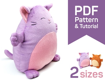 Patron de couture chat en peluche PDF - chat en peluche kawaii en 2 tailles motif squishmallow et tutoriel de couture facile