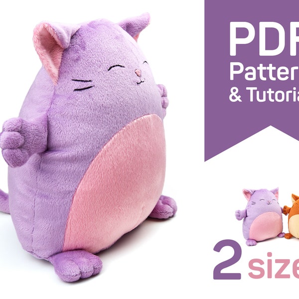 Cat Plush sewing pattern PDF - kawaii stuffed animal Cat in 2 sizes squishmallow pattern and easy sewing tutorial