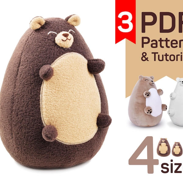 Patron de couture Teddy Bear PDF : 3 peluches grasses tuto Teddy Bear, 3 adorables peluches kawaii à coudre