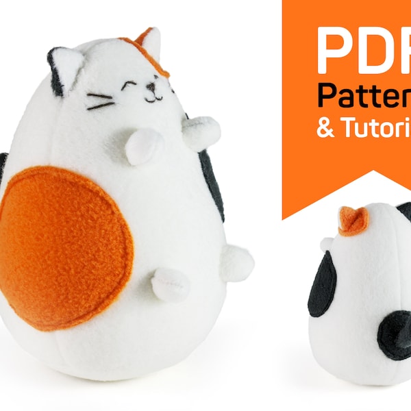 Calico Cat sewing pattern PDF: fat Cat plush pattern & tutorial, cute Tricolor kawaii Kitten, stuffed toy to sew