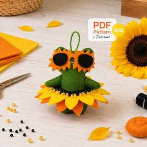 Sunflower Frog Felt Sewing Pattern | Kawaii Keychain Charm, Beaded Ornament (Digital Download)