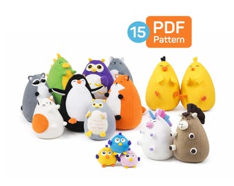 Animal Plush Sewing Patterns PDF: Kawaii Stuffed Toy DIY Bundle, 15 toys