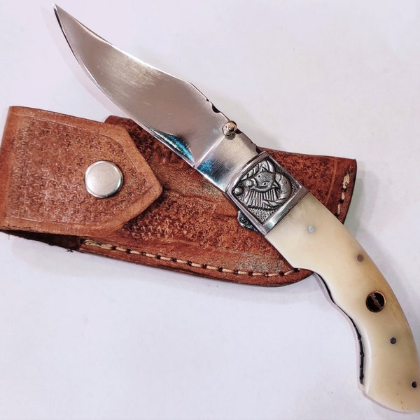Handmade Folding Knife Bone Stainless steel Ram Engraved