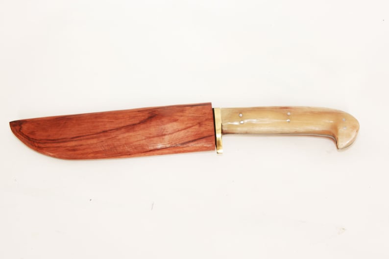 May include: A wooden-handled knife with a brown wooden sheath. The handle is made of bone and has a light brown color. The blade is not visible in the image.