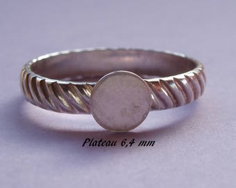 Support de bague en argent massif .925, motif strié, plateau plat rond 6,4 mm