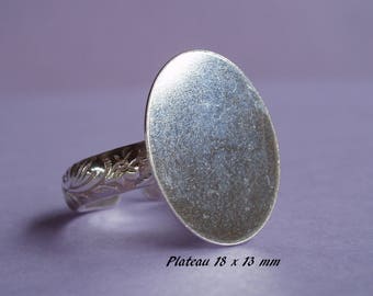 Support de bague en argent massif, motif feuilles, plateau plat oval 18 mm x 13 mm