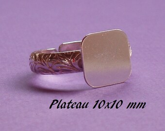 Support de bague en argent .925, motif feuilles, plateau 10 x 10 mm