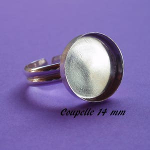 Adjustable sterling silver ring blank, round bezel cup 14 mm