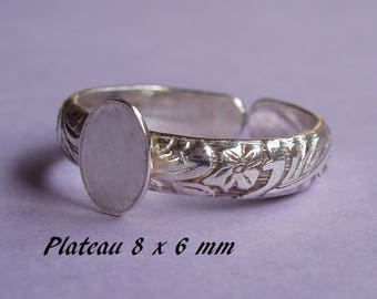 Support de bague en argent massif motif feuilles, plateau plat oval 8 mm x 6 mm