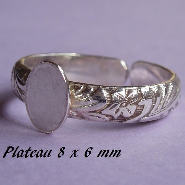 Support de bague en argent massif motif feuilles, plateau plat oval 8 mm x 6 mm