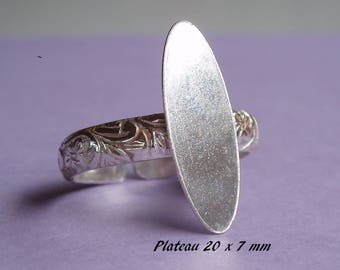 Support de bague en argent massif motif feuilles, plateau plat oval 20 mm x 7 mm