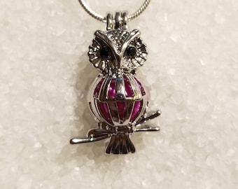 Silver Plated Owl on Branch Pearl Cage Pendant with 20 inch Sterling Silver Snake Chain (Pearls NOT Included)