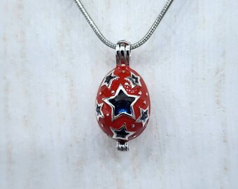 925 Sterling Silver Red Easter Egg with Stars Pearl Cage Pendant with 20 inch 925 Sterling Chain (Pearls NOT Included)