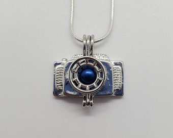 Silver Plated Camera Pearl Cage Pendant with 20 Inch Sterling Silver Snake Chain (Pearl NOT Included)