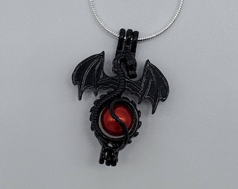 Pendentif de cage dragon en perle plaqué argent noir avec chaîne de serpent en argent sterling de 20 pouces (perles non incluses)