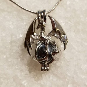 Silver Plated Winged Dragon Pearl Cage Pendant with 20" Sterling Silver Snake Chain (Pearls NOT Included)