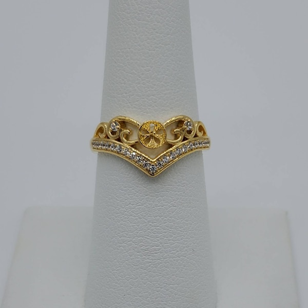 Gold Plated 925 Sterling Silver Princess Ring with Cubic Zirconia Accents - Pearl Setting Mount - Adjustable - (Pearl NOT Included)