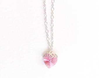 Fine Silver 925 pink Swarovski heart chain necklace