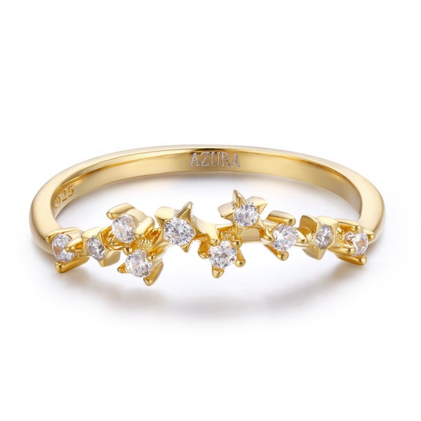 Celestial Band - 14K Gold Cluster Ring - November Geburtsstein Ring - Stapelbarer zierlicher Ring - Einfacher Gold Ring - Ehering - Weißer Topas