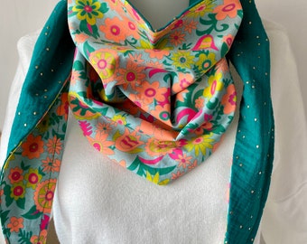 Petite chèche fille  foulard femme  coton imprimé vert orange doublée en double gaze verte points or